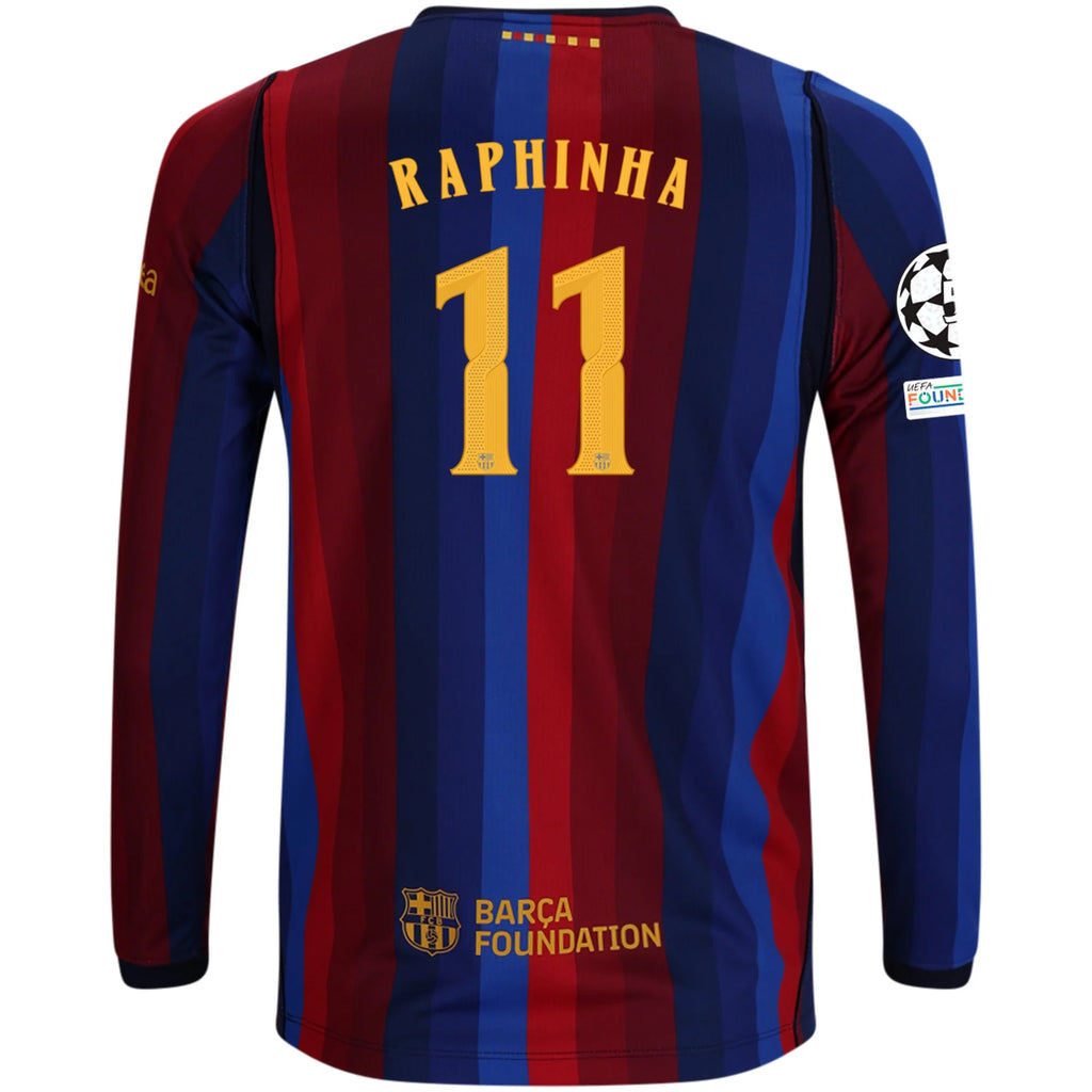 Kid's Replica Raphinha Barcelona Long Sleeve Home Jersey 26/27 UCL