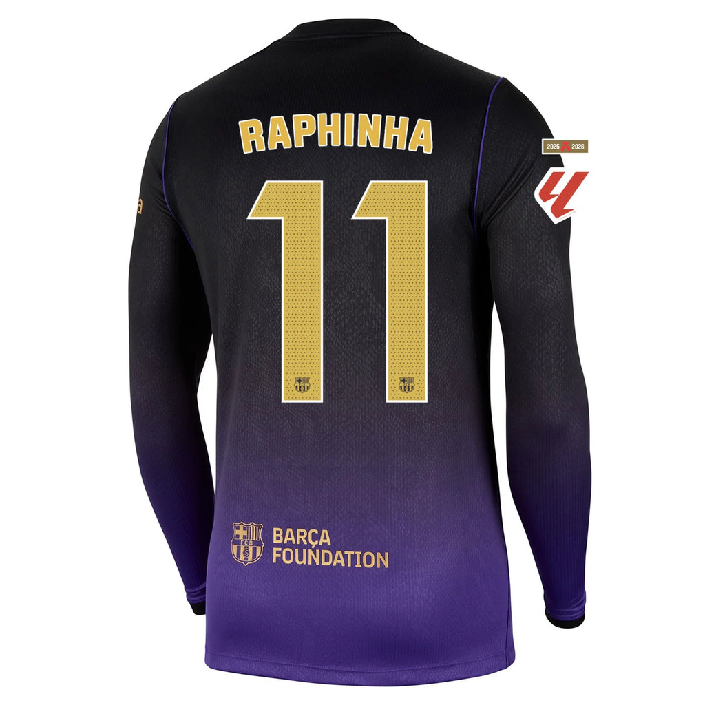 Men's Replica Raphinha Barcelona Long Sleeve Away Jersey 26/27