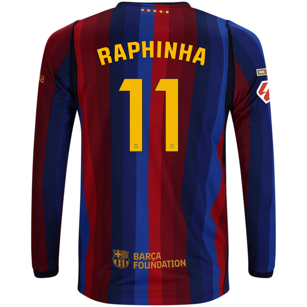 Kid's Replica Raphinha Barcelona Long Sleeve Home Jersey 26/27