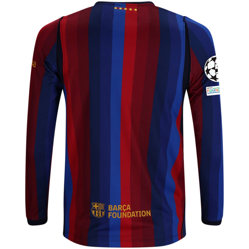 Kid's Replica Barcelona Long Sleeve Home Jersey 26/27 UCL