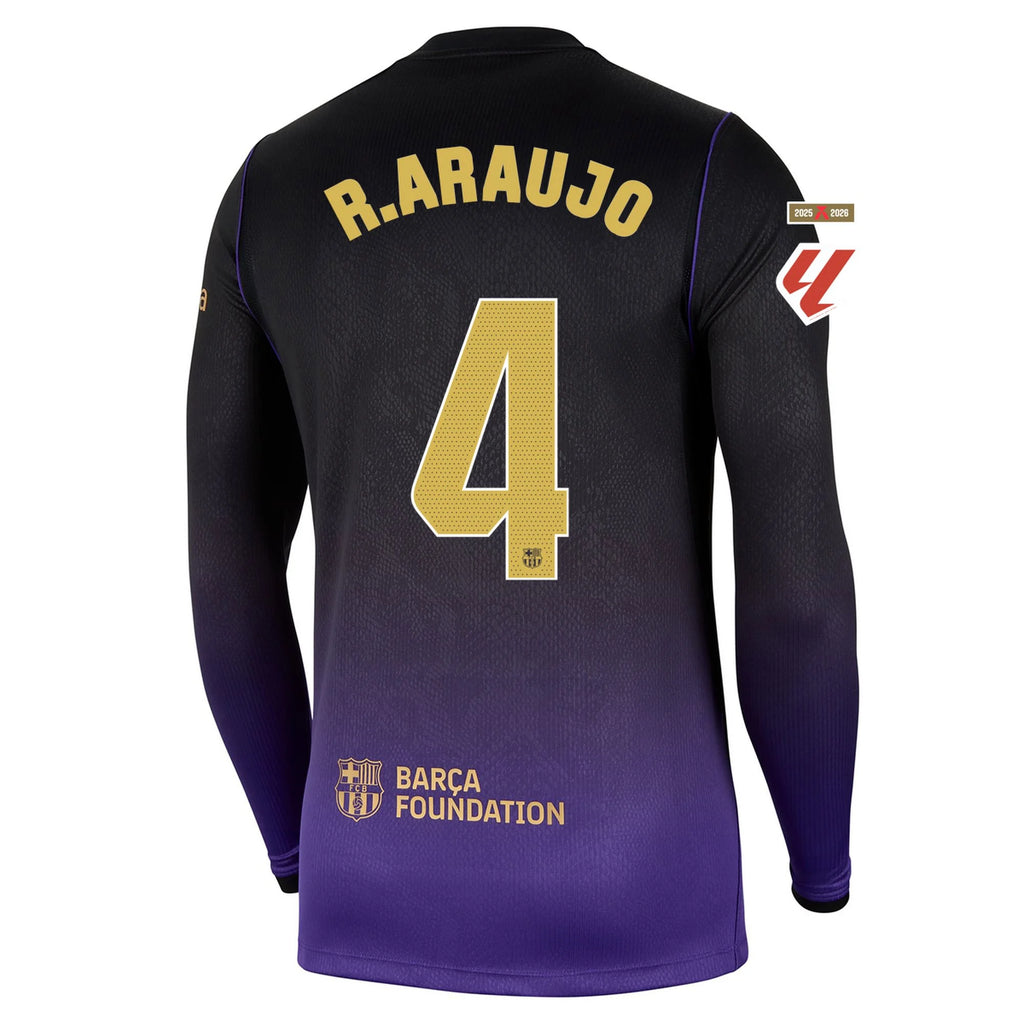 Men's Replica R. Araujo Barcelona Long Sleeve Away Jersey 26/27
